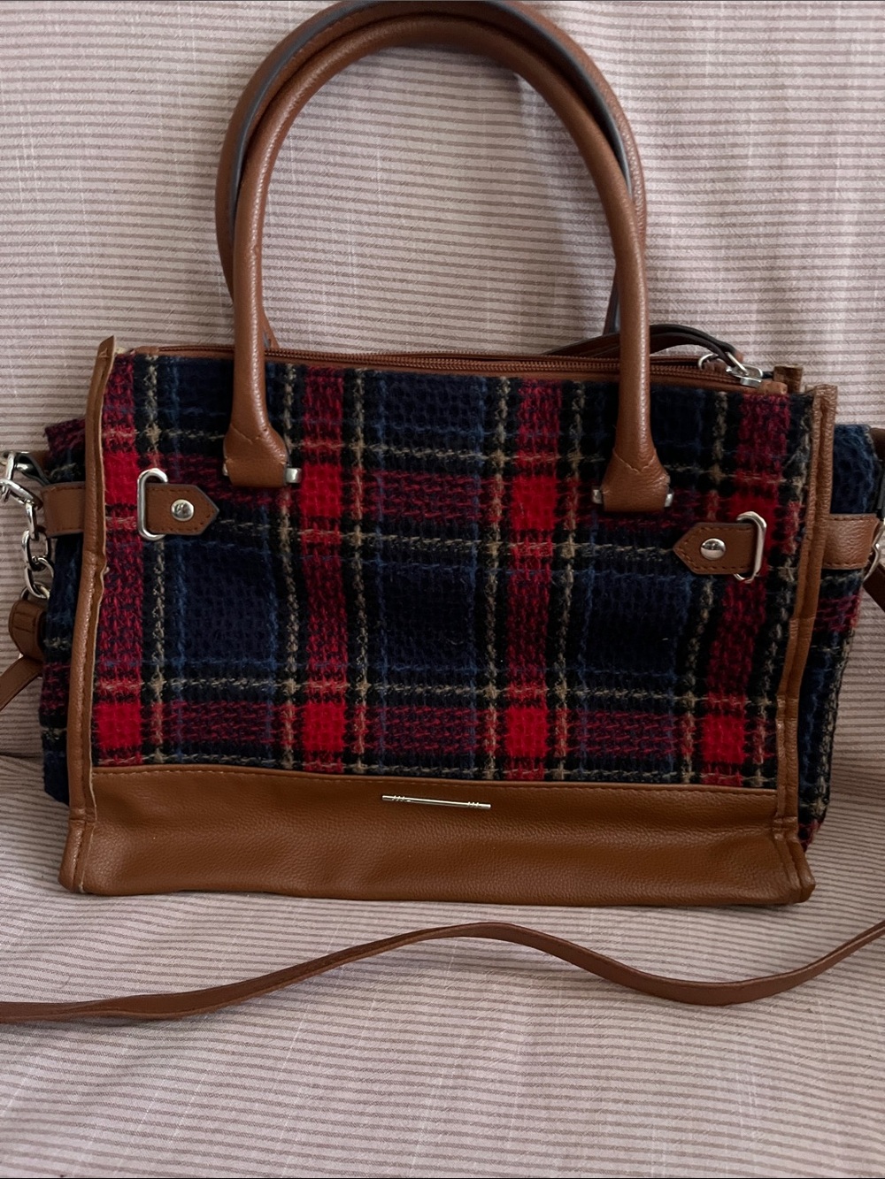 Classic Plaid Tote Bag with Tan Trim